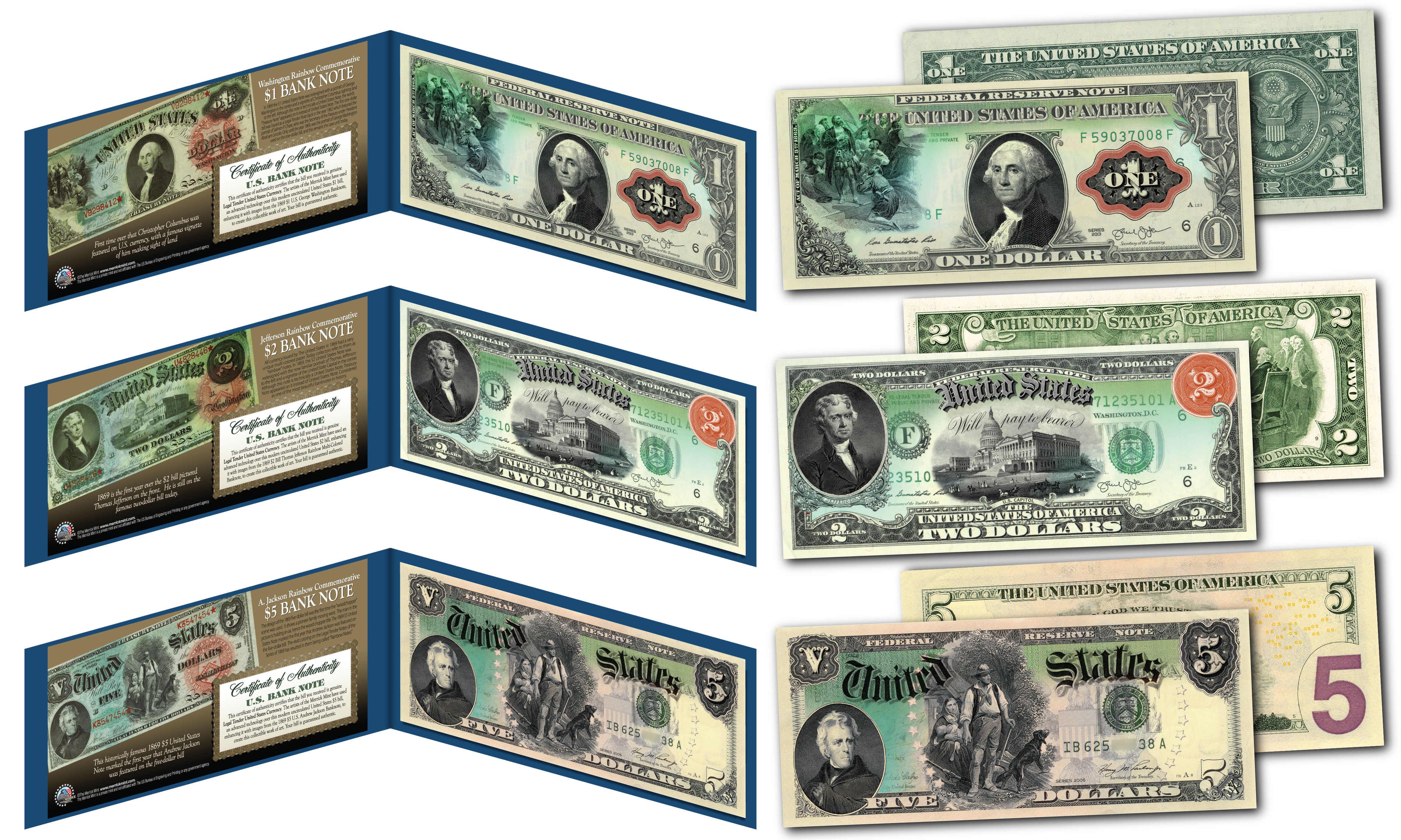 1869 RAINBOW SERIES Currency Notes Designed on Genuine New 1, 2, 5
